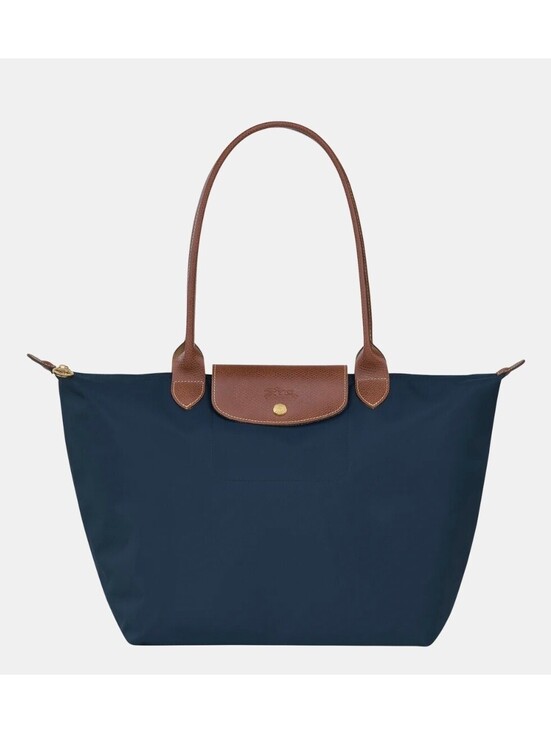 Longchamp Handbags - Longchamp Le Pliage Medium Navy Blue Tote Bag with Brown Leather Handles